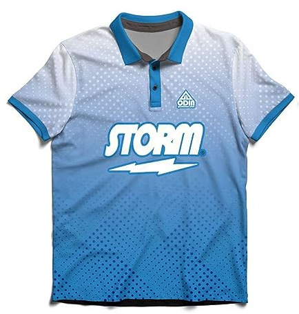 EMAX | Odin Sportswear – Bowlingshirt | Bowlingspieler T-Shirt | Herren Sportshirt Bowlen | Männer Bowlinghemd | Bowling-Bekleidung mit Aufdruck | Storm - Halftone Blue | Größe L