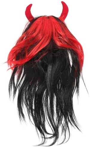 IWOWHERO Bull Horn Cosplay Perücke Lange Gerade Synthetische Perücke Für Halloween Kostüm Party Maskerade Mit Hörnern 23.6 Zoll