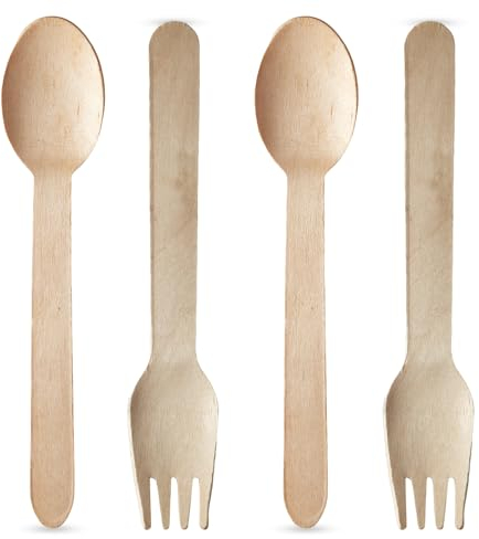 Chef Royale Lot de 500 cuillères en bois et 500 fourchettes en bois biodégradables, compostables et respectueuses de l'environnement - Ensemble de couverts jetables pour événements (500 cuillères, 500