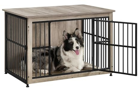 Feandrea Hundekäfig Möbel, Beistelltisch, Hundebox, Moderne Hundehütte Indoor für Hunde bis zu 32 kg, hochbelastbar, geschlossener Boden, Hundehaus 2 Türen, Greige meliert PFC023G01