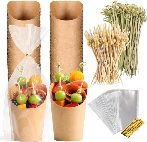 50 ensembles de tasses à charcuterie de 414 ml, jumelés avec des bâtons, papier noir, gobelets jetables pour apéritifs de fruits (50 tasses + 200 cocktails avec épines + 50 sacs) (marron)