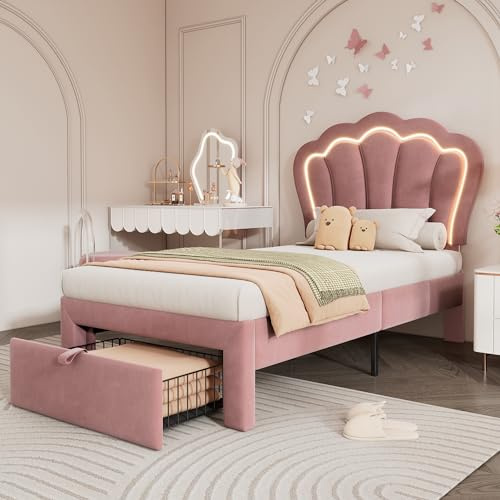 KUAKE Kinderbett Einzelbett 90x190cm,mit Schubladen Polsterbett APP-Control Bettgestell Lattenrost und Verstellbares LED-Kopfteil,Samt Rosa (90x200cm)