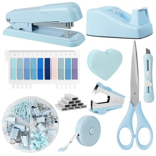 OFFCUP Büroartikel Set, Schreibtisch Set, Schreibtischzubehör 10 Kit mit Entklammerer, Heftklammern, Heftklammerentferner, Tesafilm Abroller, Schere, Bandmaß, Allzweckmesser, Clip, Haftnotizen (Blau)
