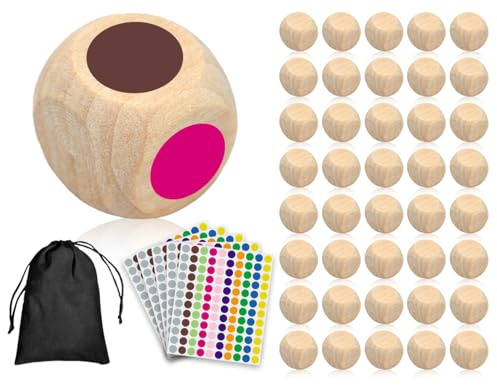 Lhbwhiz 40 cubi di legno,cubi di legno naturale a sei lati vuoti non verniciati,cubi di legno vuoti con borsa con coulisse e adesivi a pois colorati,per giochi da tavolo(20 mm)