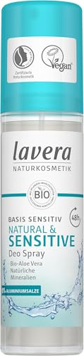 lavera, Deo Spray basis sensitiv NATURAL SENSITIVE 48 h vegan Naturkosmetik BioAloe Vera Natürliche Mineralien ohne Aluminium milde Rezeptur 48 Stunden Deo Schutz 75 ml (Packung mit 5)