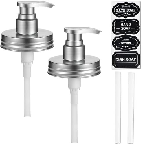 Amolliar Plastic Mason Jar Soap Dispenser Lids - Universal Pump Replacement for Regular Mouth Jar Farmhouse Decor for Kitchen, Bathroom, Dish Soap, Lotions, Hand Soap (2 Pack, Silver)