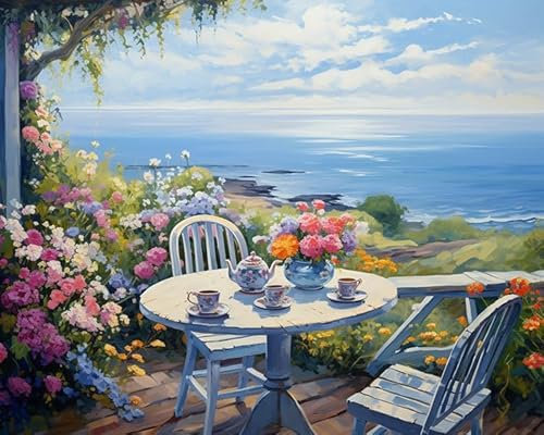 YarnAdventures Garden View Paint by Numbers for Adults Kits Canvas,Table and Tea Set,Paint by Numbers DIY Acrylic Oil Painting Kits for Adults Beginners,40x50cm Frameless