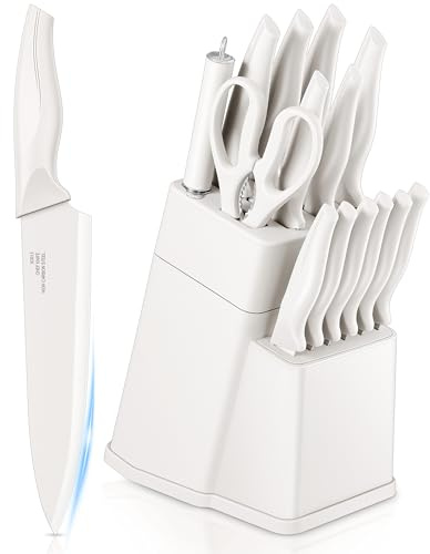 Homikit Messerblock Set, 15-tlg Edelstahl Messer Küchenmesser mit Wetzstahl, Messerblock mit Messerset & Kochmesser für Küchen Schneiden Zerhacken, 6 Steakmesser, Rutschfester Griff, Rostfrei, Weiß