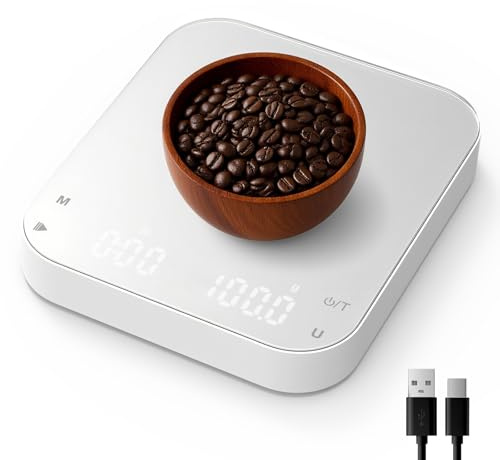 Diyife Rechargeable Balance à Café avec Minuterie Automatique/Manuelle | 3kg/0.1g Haute Précision Balance de Cuisine, Affichage LED, 6 Unité, Couvercle en Silicone, pour Espresso, Café Versé