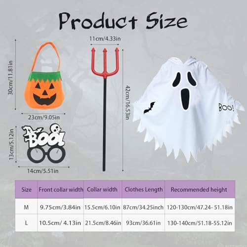 Celebration Directre 4PCS Ghost Halloween Costumes for Kids, Glow in the Dark Ghost Face Outfit White Cloak Hooded Pumpkin Bags Skeleton Glasses Devil Pitchfork for Trick-or-Treating Party