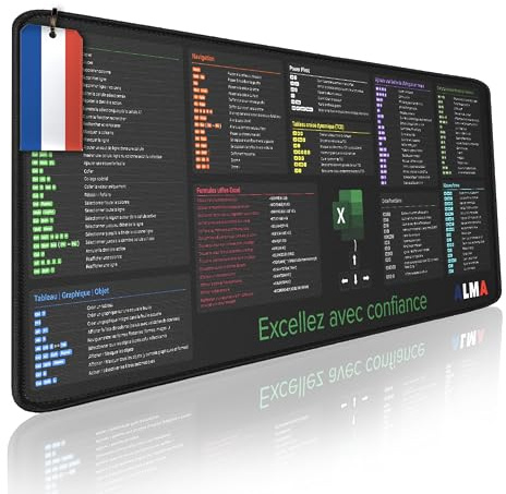 Tapis de Souris raccourcis Excel en Français 80x30 cm — Tapis de Bureau Étendu Formules et Raccourcis pour clavier français — Antidérapant, Imperméable — Cadeau Excel - Accessoire Bureau, Étudiants, P