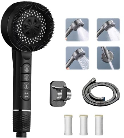 SIGANDG Adjustable Filter Shower Head,with Hose, Bracket, Filter Element | with 1.5m Shower Hose and Shower Stand Massage Water Saving Large Shower（Black）