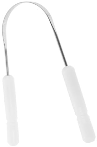 Raschietto per Lingua in Acciaio Inox, Manico Ergonomico Bianco | Forma di U, Superficie Liscia, Struttura Portatile, Plastica e Metallo, per Igiene Orale Quotidiana, Cura Bocca