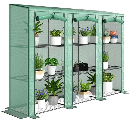 Outsunny 3 Tier Lean-to Mini Greenhouse with Reinforced PE Cover, Portable Indoor Outdoor Green House with 3 Roll-up Doors and 9 Wire Shelves, 151H x 215W x 46Dcm, Green