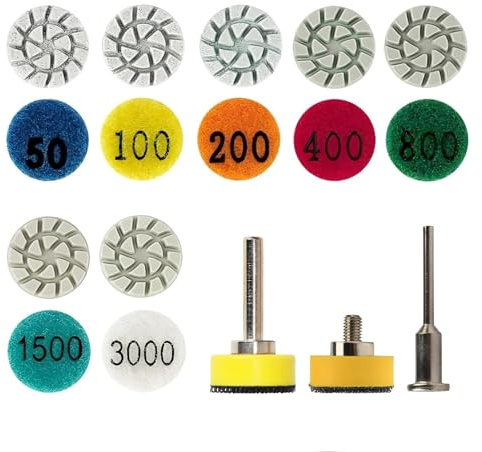 MiJunHD Lot de 16 mini tampons de polissage diamant de 25 mm, 7 différents grains 50#-3000# - Disques de ponçage à l'eau et filetage M6/tige de 3 mm/6 mm, support auto-agrippant pour un meulage fin