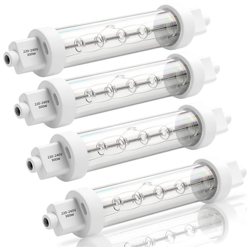 Liuyife 300W R7S Food Heat Lamp Bulbs Warm White 2400K, Gantry Heating Light Bulb for Buffets, Catered Event, Canteen, 240V 118mm Food Safe Jacketed Halogen Lamps Kit 4 Pack