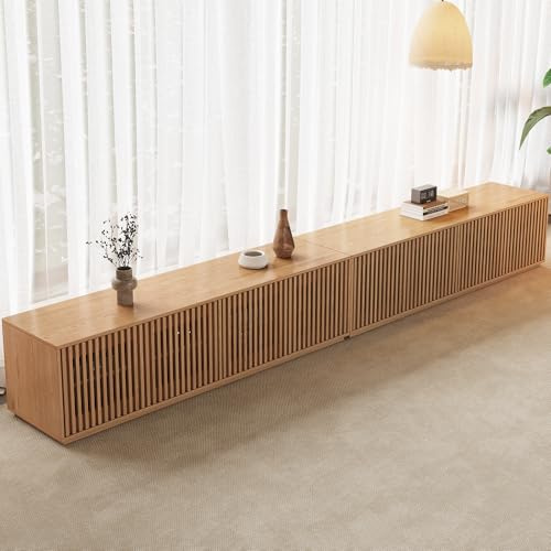 Extra Long 320cm TV Stand with Storage, Wooden Media Unit with Fluted Slatted Doors, Modern Lowboard TV Cabinet for Living Room, Entertainment Unit for Large TV (FURTOGUYI-TV-320-OAK)