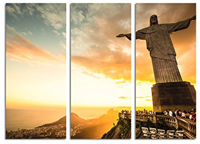 Paul Sinus Art 130x90cm – Keilrahmenbild Rio de Janeiro Christo Sonnenuntergang 3teiliges Wandbild auf Leinwand und Keilrahmen - Fotobild Kunstdruck Artprint