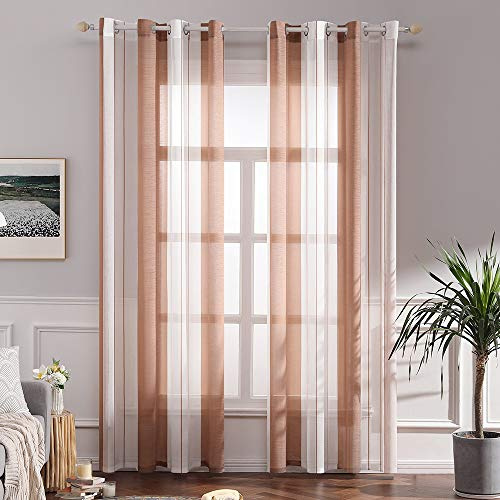 MIULEE Voile Gardinen Braun-Weiß mit Ösen 2er Set 140x225 cm | Halbtransparenter Voile mit Streifenmuster für Wohnzimmer, Schlafzimmer und kleine Fenster.