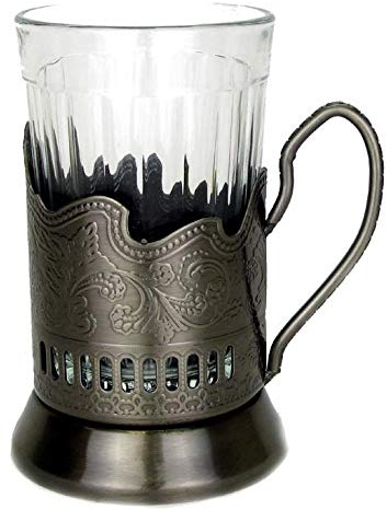 Neman 7 Oz Crystal Granyoniy Tea Glass with Podstakannik, Hot/Cold Beverage Glass with Metal Holder (1)