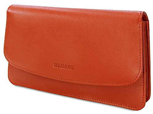 MANAGE Kosmetiktasche Damen mit Spiegel - Schminktasche klein aus echtem Leder - edle Clutch Orange 18,5x10x3,5cm
