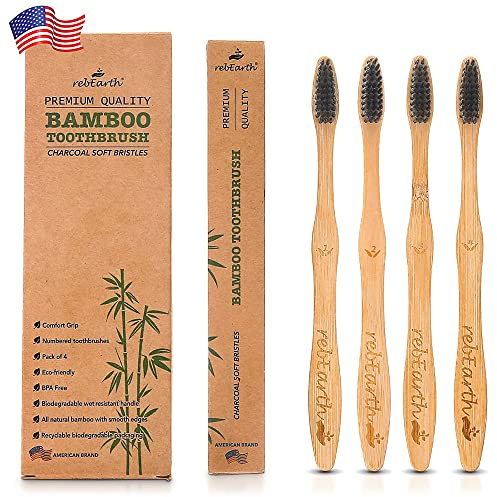 rebEarth Bamboo Aesthetic Toothbrush Wood Set of 4 | Ultra Soft Bristles | Black Charcoal Infused | American Brand | Upgrade Hygiene & Reduce Waste | Brushes Teeth Care | Earth Friendly | Plant Based