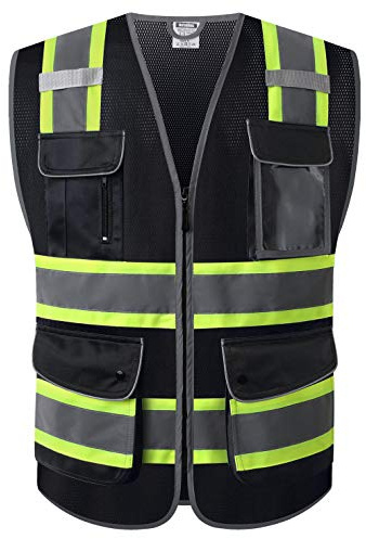 HATAUNKI Class 2 Retro Reflection Safety Vests 9 Multi-Function Pockets and Front Zip Yellow ANSI/ISEA 107-2015