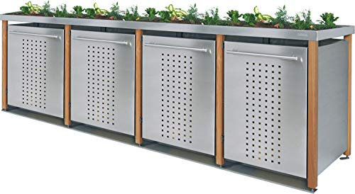 Reinkedesign Mülltonnenbox aus Edelstahl mit Lärchepfosten, aufgebaut (4 x 240l, Pflanzwanne und F-Design)