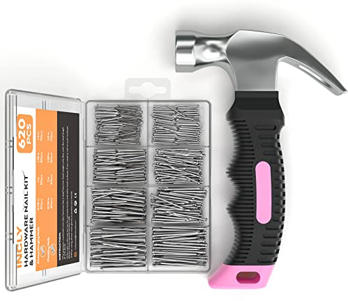 INCLY 620 PCS Small Nails for Hanging Pictures Assortment Kit with 8oz Small Pink Hammer, Claw Hammer with Hardware Nails Assorted Set,310 Wall Nails & 310 Finish Nails for Installing with Case