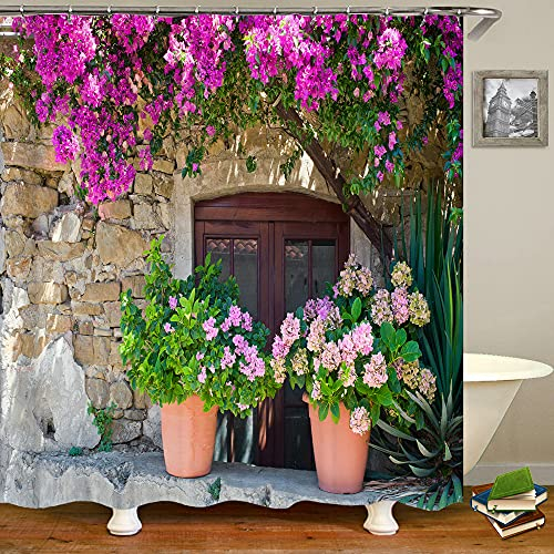 JIANGLANY Italian Outdoor Shower Curtain View of Stonewall House with Flowerpot Red Purple Flower in Italy Town Garden Curtain 3D Picture Bathroom Decor Fabric with Hooks 71X 71 Purple Green