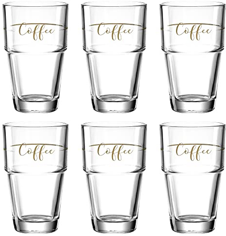 LEONARDO HOME Solo Latte-Macchiato Gläser 6er Set, Glas-Becher mit Coffee Aufdruck, spülmaschinengeeignetes Kaffee und Cappuccino Glas mit Motiv, 410 ml, 043468