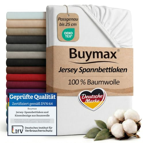 Buymax Spannbettlaken 80x200cm Baumwolle 100% Spannbetttuch Bettlaken Jersey, Matratzenhöhe bis 25 cm, Farbe Weiß