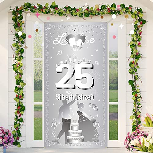 DPKOW Silberhochzeit Tür Banner für 25 Hochzeitstag Dekoration, Silberhochzeit Deko für Tür Wand Hintergrund Garten Tisch, 185 x 90cm