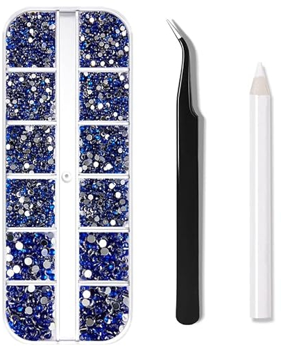 1200 Stücke Nagel Kunst Straße 3 Größen Flatback-Edelsteine, mit Pick-up-Pinzette und Strass-ZeigerTransparenter Runde Kristall Strasssteine für Nagel Kunst Kleidung Handwerk(Navy blau)