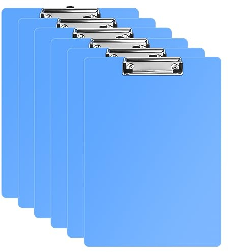 6 Porte-Bloc, Planches à Pince A4, Clip Planches en Plastique avec Pince Métallique Caoutchoutée, Porte-Documents avec Trou de Suspension, Bloc à Pince pour Bureau, Cuisine et École (Bleu)