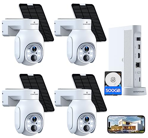 Camcamp überwachungskamera Aussen Solar, 4MP PTZ WLAN Kamera Outdoor,10CH NVR mit 500GB HDD, Keine Monatliche Gebühr，355° Pan Tilt, PIR Bewegungsmelder, KI-Erkennung, 2-Wege-Audio,Farbe Nachtsicht