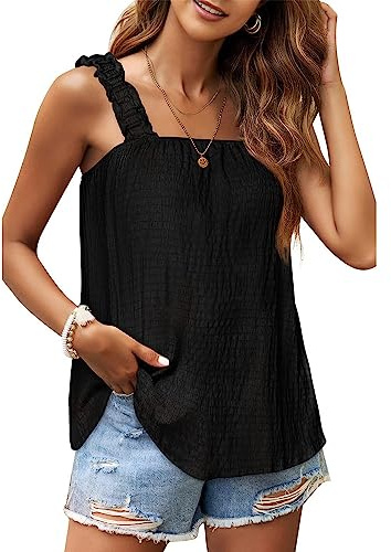 FDEETY Camisetas sin Mangas para Mujeres Cuello Cuadrado Loose Tank Tops Lindo Verano Casual Camisola Blusas Camisa (Negro/M)