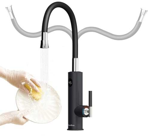 Briwellna Elektrischer Wasserhahn mit Durchlauferhitzer, 3.200W, Schwarz | Instant Heizung, Edelstahl, Flexibler 360°-Auslauf, LED-Temperaturanzeige, Für Küche und Spüle