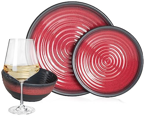 Vaisselle de camping en mélamine pour 4 personnes - Rouge pierre + 4 verres à vin Milano blancs