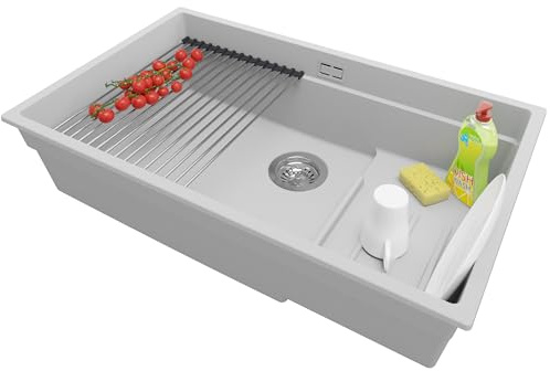 PRIMAGRAN Evier Cuisine en Granit au Meuble 80cm + Kit de Vidage, 76x47cm | Set: Kit de Vidage (Siphon, bonde d’évacuation, trop-plein) + Égouttoir Enroulable + Lavabo 1 Bac - Prague, Gris
