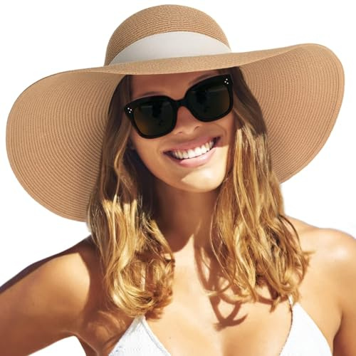 FURTALK Moderner Sommerhut für Frauen UV-Schutz Strohhut mit Breite Krempe Faltbar Sonnenhut UPF80+ Strandkappe