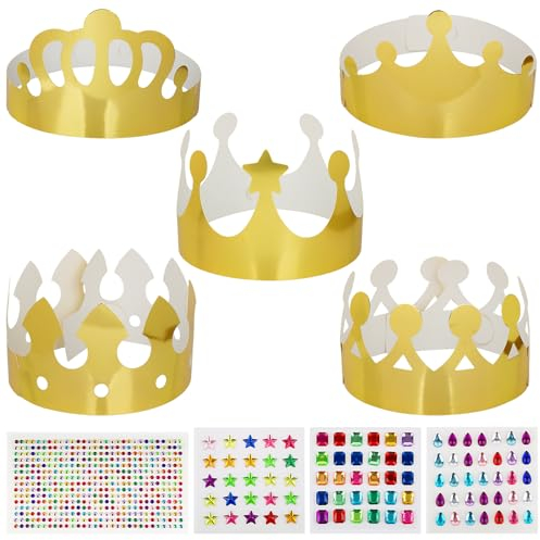 BETESSIN 15pz Cappellini Corona di Carta Compleanno 4 Fogli Strass Adesivi Autoadesivi Corona di Carta per Bambini Adulti Decorazione Compleanno Festa Oro