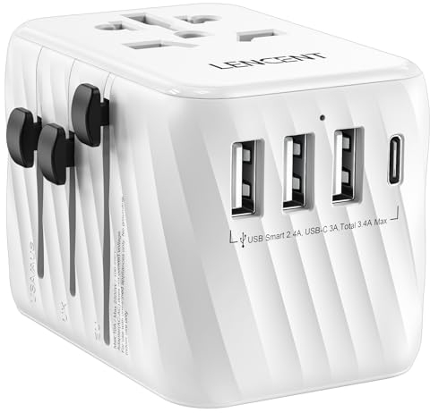 LENCENTE Adattatore Universale da Viaggio, Spina di Alimentazione con 3 USB A e 1 PD Tipo C, Caricatore USB Presa AC da Parete in Tutto il Mondo per UE a UK, AUS, AUS (Spina di Tipo C/G/A/I) -Bianco