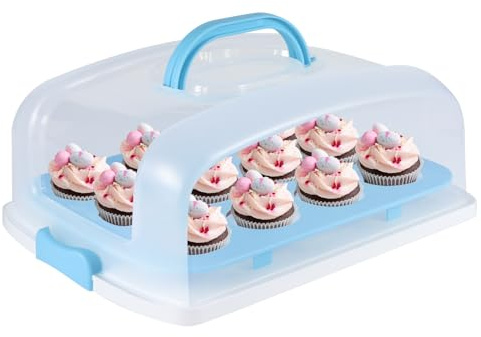 Bvwze 2in1 Cupcake Carrier and Cake Keeper with Lid, Rectangle Pie Carrier,Large Portable Storage Container for Storing 12 Cupcakes or 1 Large Cake (Blue)