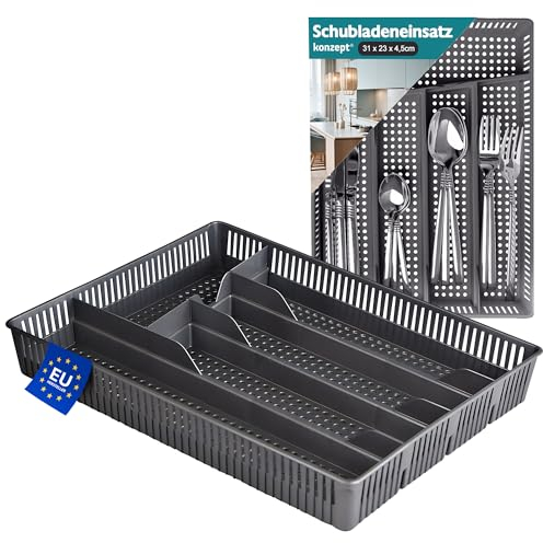 KONZEPT Besteckkasten für Schubladen 31x23x4,5cm Grau - Praktischer Schubladen Organizer Küche, Besteckschublade Einsatz für optimale Küche Aufbewahrung & Organisation