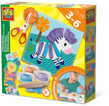 SES Creative 14640 - Couper Les Formes de pâte a Modeler, 3 Couleurs de pâte à Modeler, réutilisables, avec Ciseaux de sécurité, Set Complet pour Les Enfants