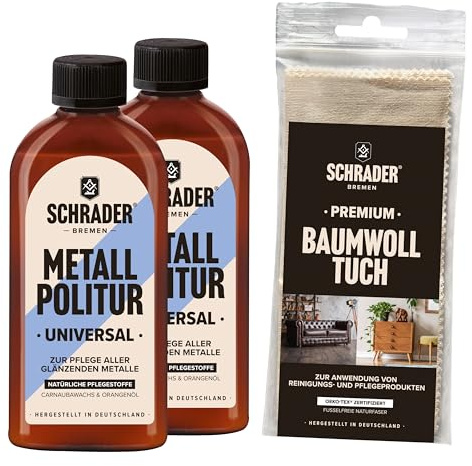 SCHRADER Metall Politur universal - Pflegemittel für glatte Metalle - Reinigende Polier-Creme - 2x 250ml - Mit Poliertuch - Made in Germany