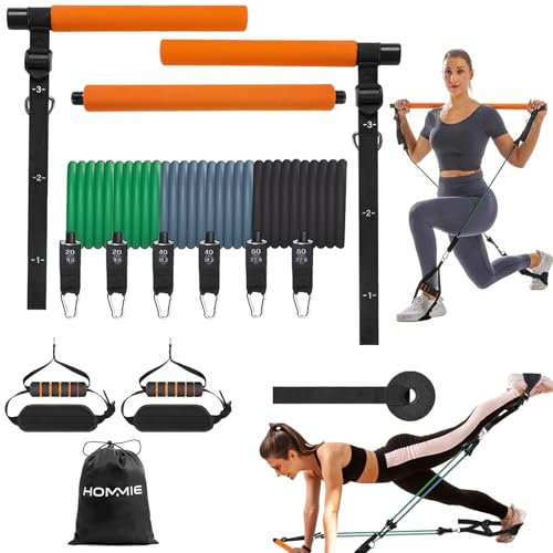 Kit de Barra de Pilates Hommie, Set Mejorado de Valor en Libras con 6 Bandas de Resistencia (20+40+50 lbs), Barra de Resistencia Portátil y Desmontable para Entrenamiento de Cuerpo Completo en Casa