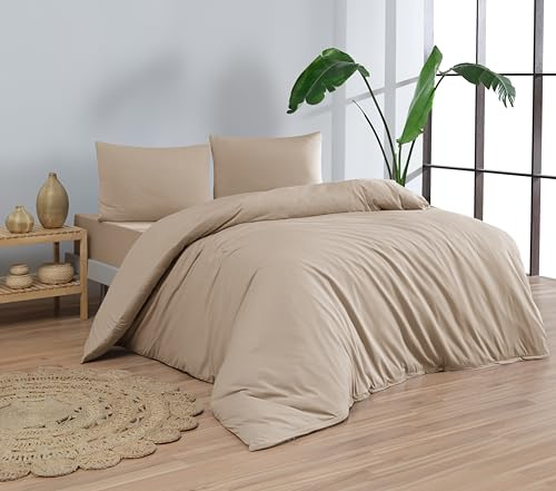 Venice Home 100% Cotton Jersey Duvet Cover Set - Ultra Soft & Breathable - All-Season Comfort - Easy Fit with 4 Corner Ties - Includes 2 Pillowcases - 3-Piece Bedding Set (Beige, King/Cal King)