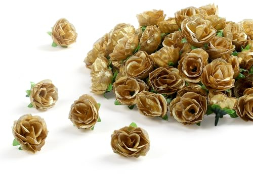 SITUMEIZI 100 Pcs 1.3 inches Mini Golden Rose Head Golden Roses Artificial Flowers for Home DIY Flower Wall Mother's Day Party Birthday Decor